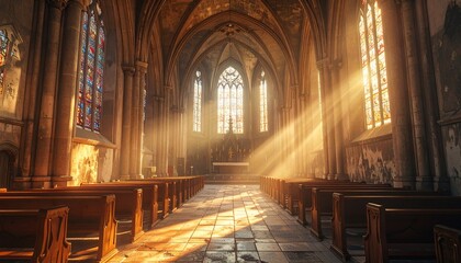 Fototapeta premium Sunbeams in Gothic Cathedral: A Moment of Serenity