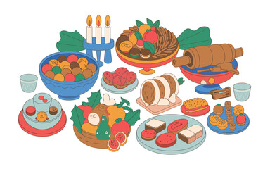 Colorful play food thanksgiving dinner table setting with turkey and desserts