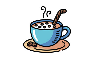 Obraz premium Hand drawn illustration of a steaming cup of hot chocolate with whipped cream and a cookie straw