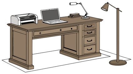 Wooden Desk with Laptop Printer and Lamps Home Office Setup Work Space Illustration.
