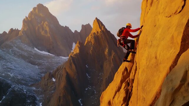 A climber ascends a steep rock face surrounded by majestic mountains at sunset, showcasing skills and determination in nature