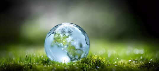 Glass earth sphere floating on water symbolizing fragile planet and environmental protection for World Water Day
