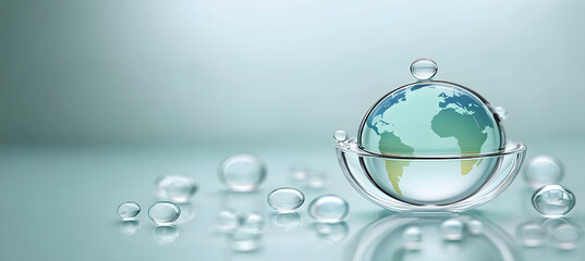Glass earth sphere floating on water symbolizing fragile planet and environmental protection for World Water Day

