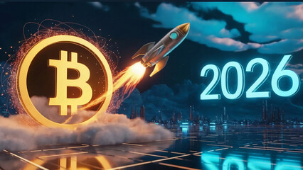 Bitcoin 2026 Rocket Launch Concept – Cryptocurrency Coin with Rocket Taking Off, Futuristic Digital Finance and Blockchain Investment Theme