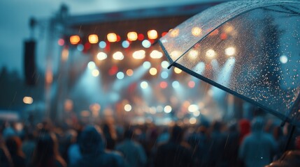 An umbrella is open in the rain at an outdoor concert, with blurred figures of people dancing and enjoying the music beneath it.