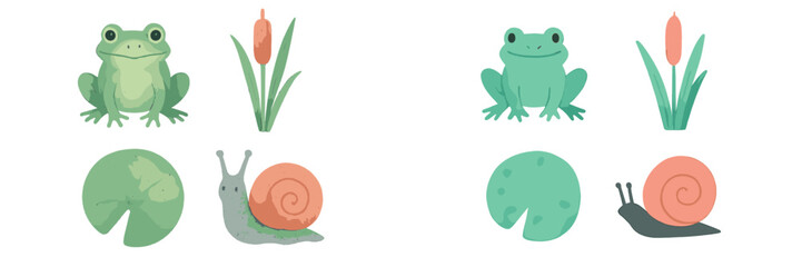Pond animals and plants set featuring frogs, snails, lily pads, and cattails in a natural habitat