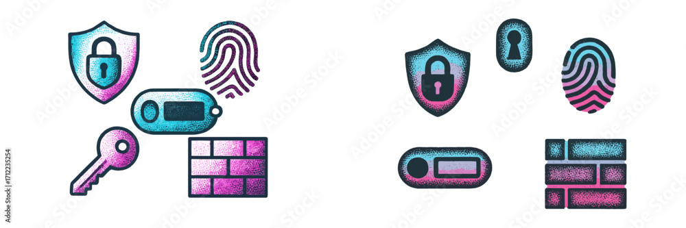 Poster modern digital security and data protection icons featuring biometric authentication, access control
