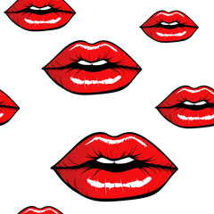 Bright red lips seamless pattern on a transparent background, with a captivating look.