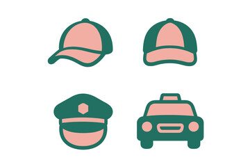 Stylized collection of baseball caps, driver's hat, and taxi car in a flat graphic design style for urban transportation and fashion