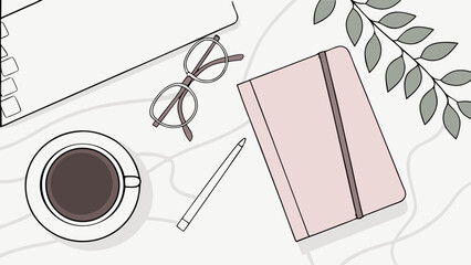 Naklejka premium Flatlay illustration of a workspace with notebook coffee and glasses.