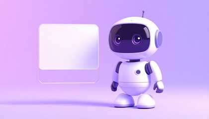 Fototapeta premium Adorable AI robot with rounded design on pastel purple gradient background, floating transparent blank rectangular screen in front, futuristic UI display concept chatbot