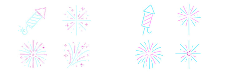 Neon line art fireworks and firecrackers for celebration and festive events, glowing light effect pyrotechnic symbols