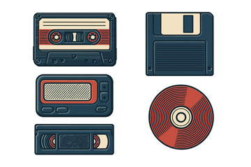 Vibrant collection of classic retro media formats showcasing vintage audio cassettes, floppy disks, VHS tapes, and vinyl records for nostalgic technology enthusiasts