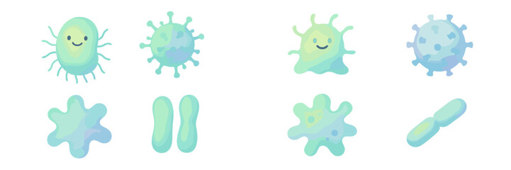 Set of diverse stylized microscopic organisms including bacteria viruses and amoeba shapes some with friendly faces and watercolor textures