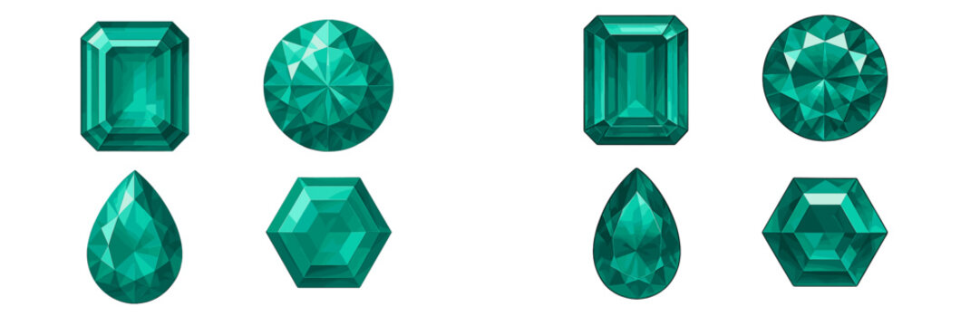 Collection of sparkling emerald green faceted gemstones in different shapes like round, emerald, pear, and hexagon