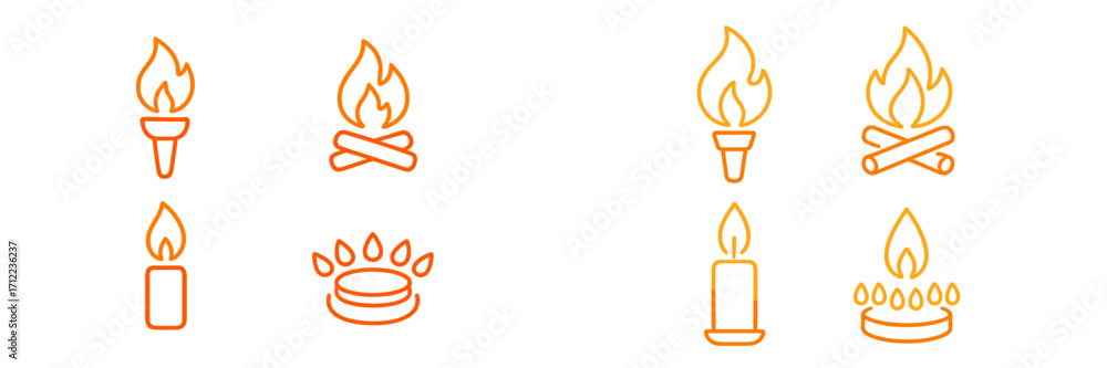 Poster comprehensive collection of fire and light source outline icons with gradient for various design pro