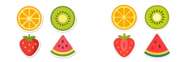 Vibrant assortment of fresh fruit slices and whole fruits: orange, kiwi, strawberry, watermelon in flat design