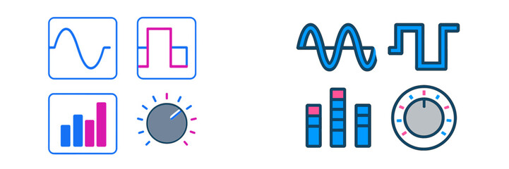 Set of digital interface elements for sound and signal processing including wave forms, equalizer bars, and control knobs