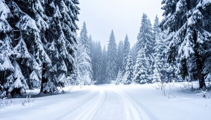 Snowy Forest Path Through White Spruce Trees Under Gray Sky