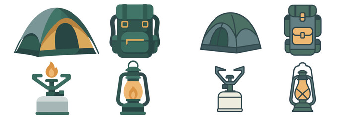 Essential outdoor adventure and camping equipment including tents, backpacks, portable stoves, and lanterns for wilderness exploration