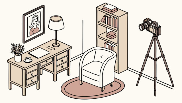 Isometric illustration of a home office setup with camera on tripod ideal for blogging vlogging and online content creation.