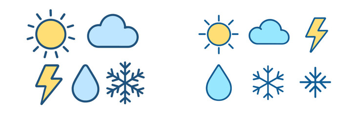 Comprehensive collection of weather forecast symbols and icons, including sun, cloud, lightning, rain, and snowflake elements for meteorological design