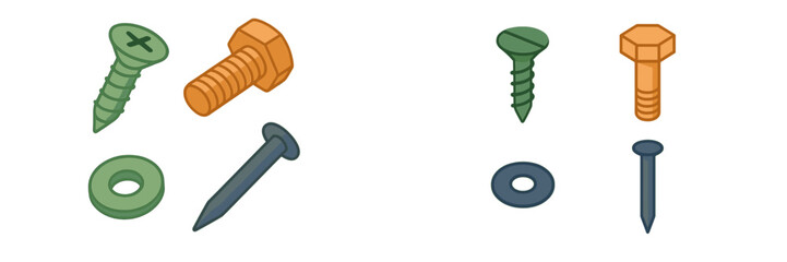 Collection of common construction and carpentry fasteners including various types of screws, bolts, nails, and washers for building projects