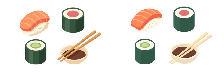 Assortment of traditional Japanese sushi rolls, nigiri, and chopsticks with soy sauce bowl on white background