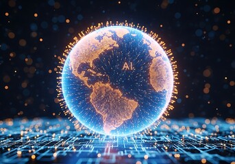 A glowing digital earth with the letters ai visible, surrounded by a network of lights and data, symbolizing artificial intelligence and global connectivity