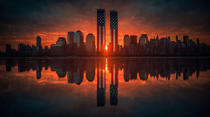 New York skyline silhouette with Towers against the sunset