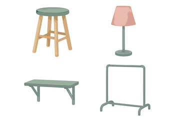 Collection of essential home furniture and decor items like a wooden stool, table lamp, wall shelf, and clothing rack