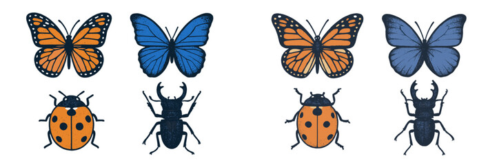 Diverse flying and crawling insects including monarch butterflies, blue butterflies, ladybugs, and stag beetles with textured details