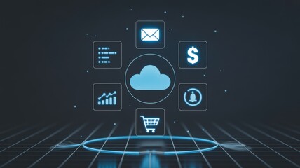 Digital cloud computing technology with financial and business icons in a futuristic interface