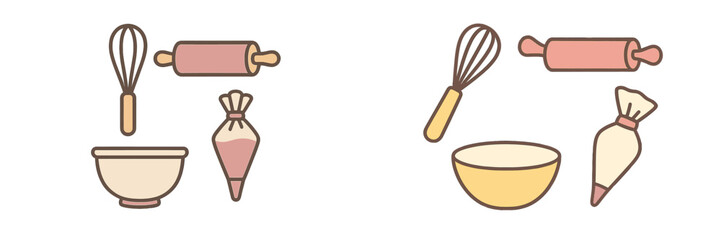 Baking tools and kitchen utensils for pastry preparation including whisk, rolling pin, mixing bowl, and piping bag