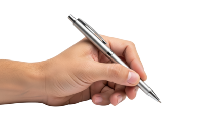Isolated hand holding silver pen ready to write or sign a document on neutral backdrop