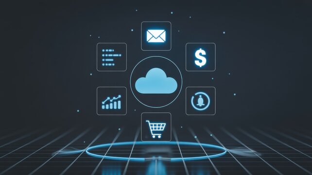 Digital cloud computing technology with financial and business icons in a futuristic interface
