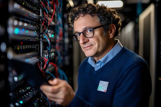Middle-aged Caucasian male IT specialist in glasses and navy sweater working with server equipment in dark data center with glowing network indicators. - Powered by Adobe