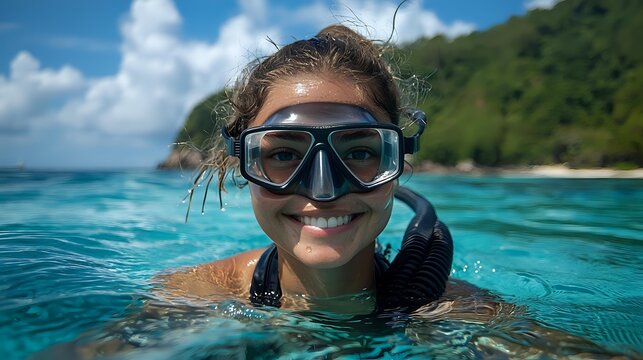 Young Hispanic woman snorkeling in crystal clear turquoise ocean water, wearing diving mask and smiling at camera with tropical island coast in background.