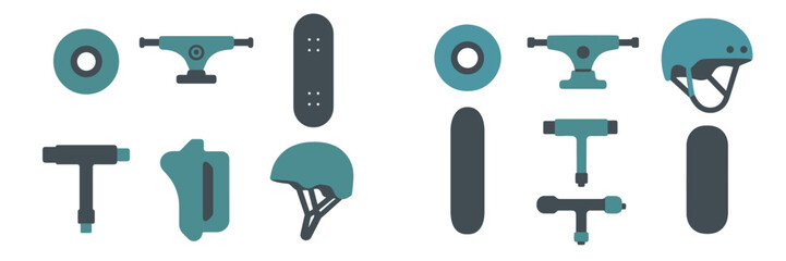 Essential skateboard components set including wheels, trucks, deck, helmet, and a versatile tool for assembly and maintenance of extreme sports equipment