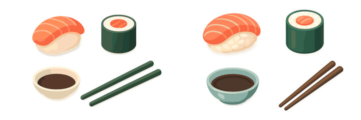 Isometric set of traditional Japanese sushi, including nigiri and maki rolls, with soy sauce bowls and chopsticks © icon_art