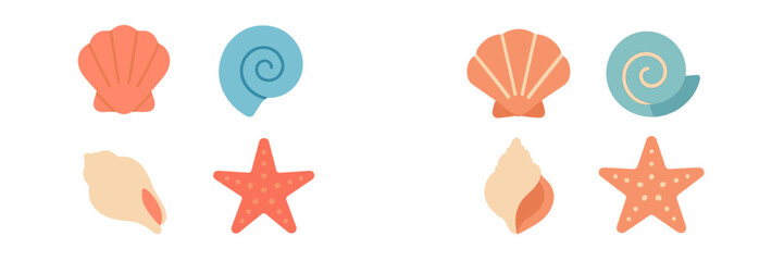Colorful collection of diverse marine life elements featuring various seashells and starfish designs