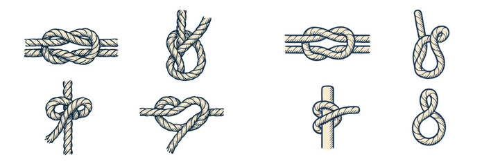Collection of diverse nautical rope knots including square knot, bowline, and figure eight for sailing, boating, and marine activities © icon_art