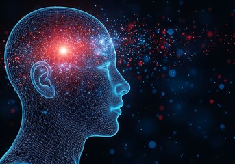 Fototapeta premium Abstract visualization of human head with glowing brain and cosmic particles, representing artificial intelligence and consciousness