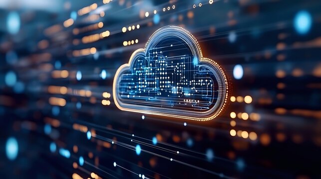 Digital cloud computing symbol with glowing circuit pattern and streaming data lines against dark background with bokeh light effects.