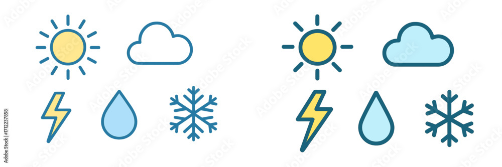 Poster modern minimalist weather forecast icons depicting sun cloud lightning rain and snowflake elements f