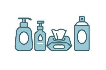 Collection of personal hygiene and cleaning products including hand sanitizer, soap, wet wipes, and spray