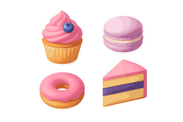 Variety of delightful sweet pastries and desserts featuring a cupcake, macaron, donut, and a slice of cake with vibrant pink and purple accents