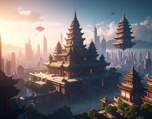 A futuristic cityscape where ancient temples float between skyscrapers