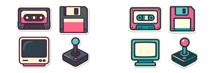 Collection of retro technology icons including cassette tapes, floppy disks, vintage monitors, and classic joysticks