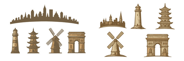 Vintage style collection of famous world landmarks and city skylines featuring iconic global architectural monuments and historic travel destinations